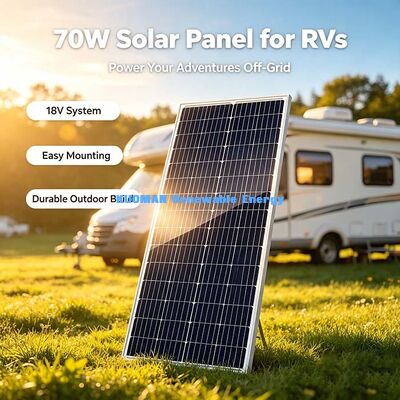 Panel Surya Mono Efisiensi Tinggi 70 Watt, Pengecas Surya Off-Grid Kaca Tempered Untuk Pengisian Baterai 12V