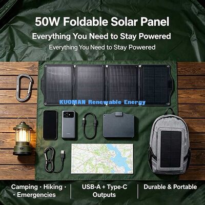 Panel pengisi daya surya ETFE lipat 50 W, tenaga surya portabel untuk berkemah sepanjang musim