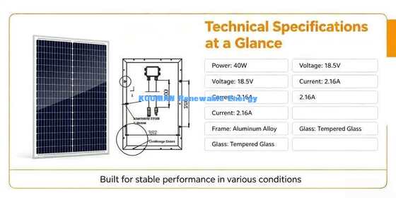 Panel Surya Monokristalin 40W Ringan Unit Pengisian 12V Off-Grid Mudah Dipasang