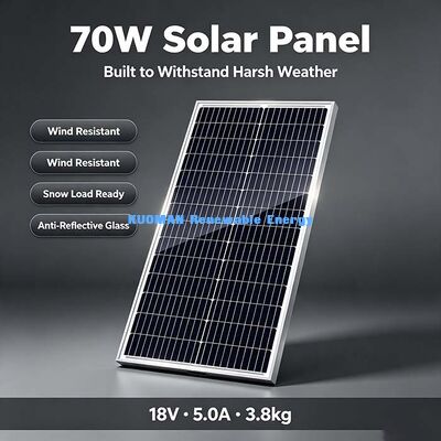 Premium Grade‐A 70W Monocrystalline Solar Panel Stable 17.5V Working Voltage Off-Grid Battery Charger