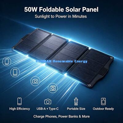 50 W Panel Surya Lipat Ringan, Pengisi Daya Surya Off-Grid untuk Camping Luar Ruang & RV