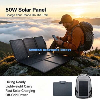Panel pengisi daya surya kompak lipat 50W, serat karbon opsional untuk petualangan di luar ruangan